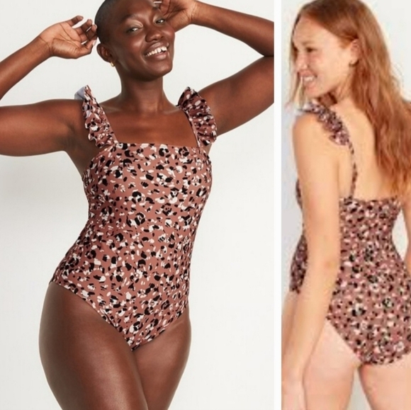 Old Navy SZ S Animal Print One Piece Square Neck Ruffled Straps Swim Suit NWT - Picture 1 of 10